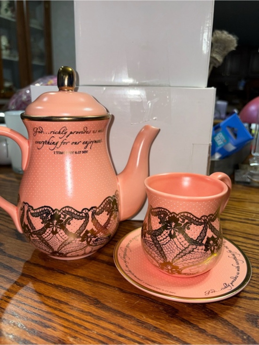 Dayspring traditional teapot with matching cup and saucer with Bible verse NIB